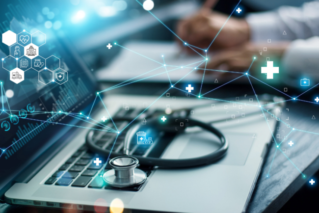 Abstract view of a laptop showing medical data points.